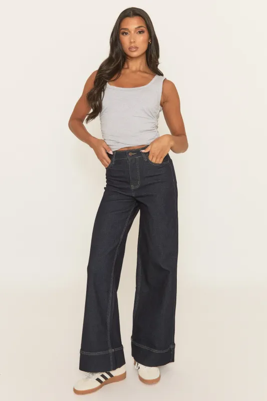 Indigo Contrast Stitch Wide Leg Denim Jeans - Nadira sold by Rebellious Fashion