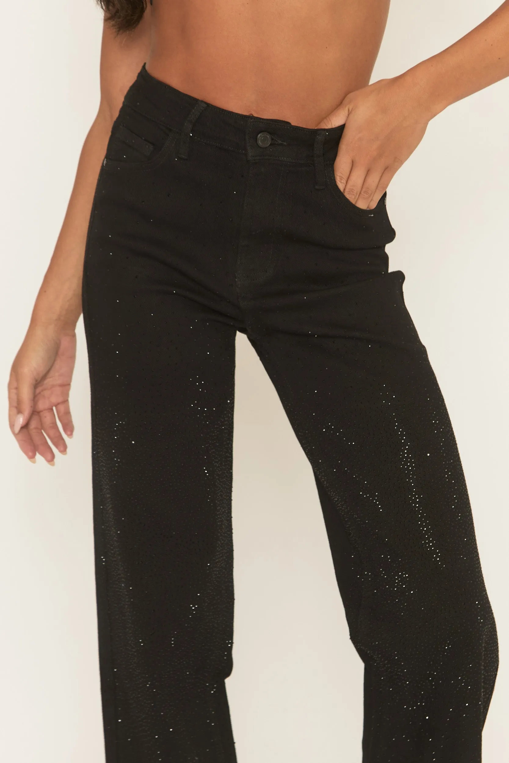 Black Stretch Denim Diamante Wide Leg Jeans - Nuala sold by Rebellious Fashion product image thumbnail 3
