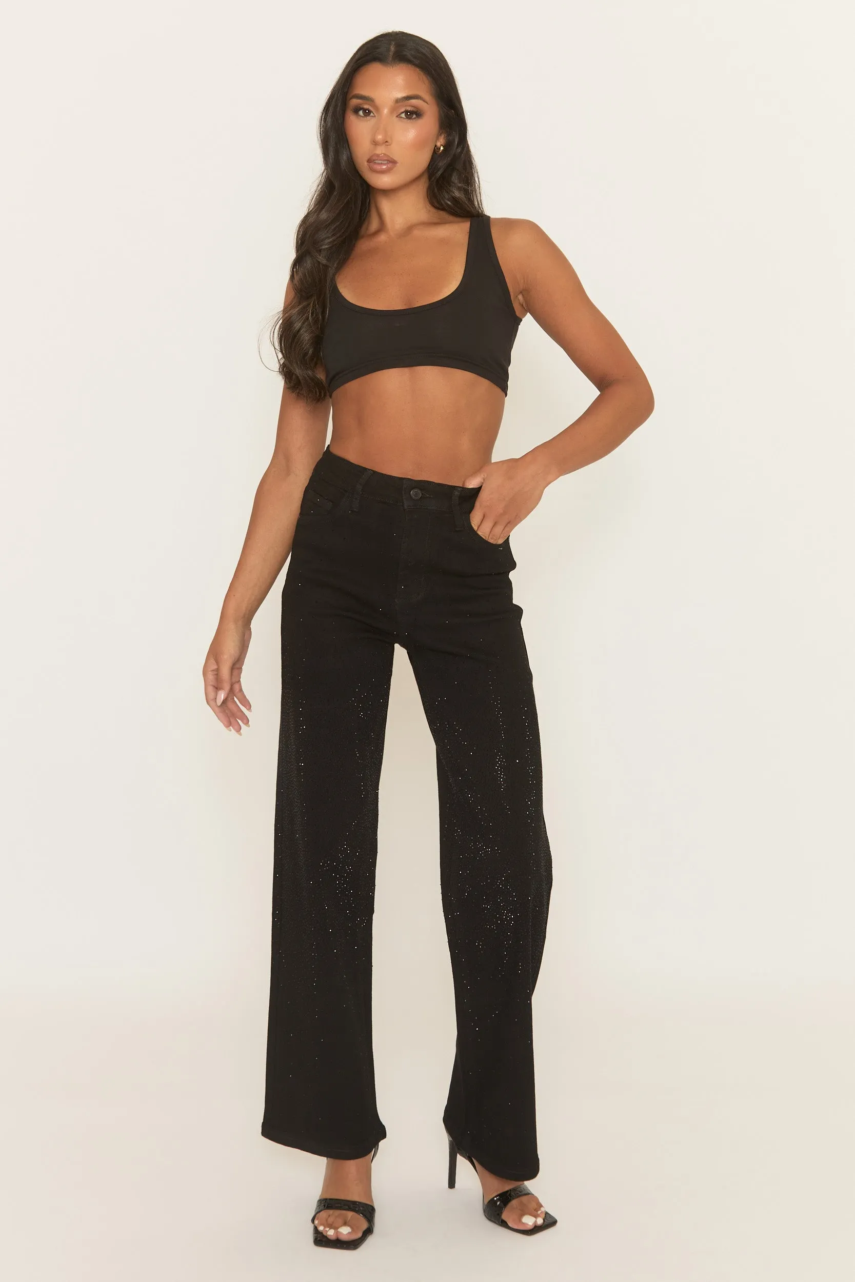 Black Stretch Denim Diamante Wide Leg Jeans - Nuala sold by Rebellious Fashion product image thumbnail 2