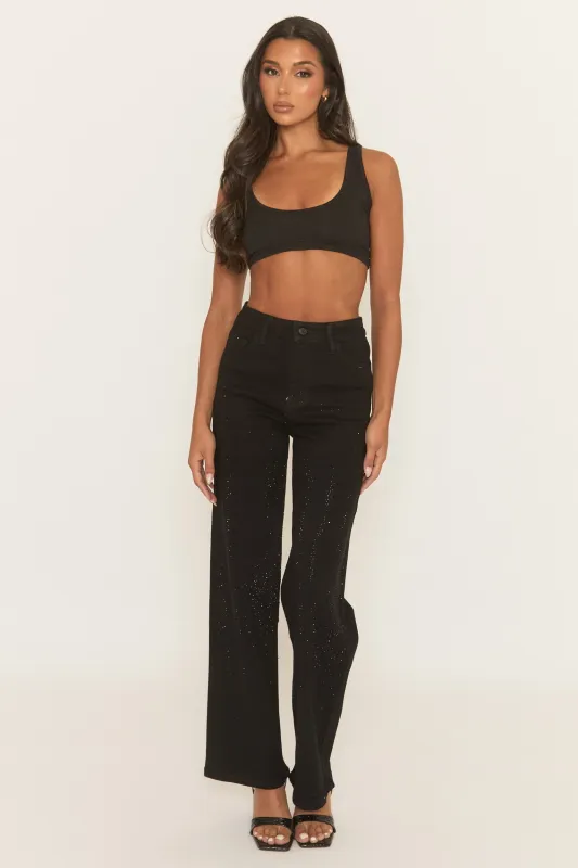 Black Stretch Denim Diamante Wide Leg Jeans - Nuala sold by Rebellious Fashion