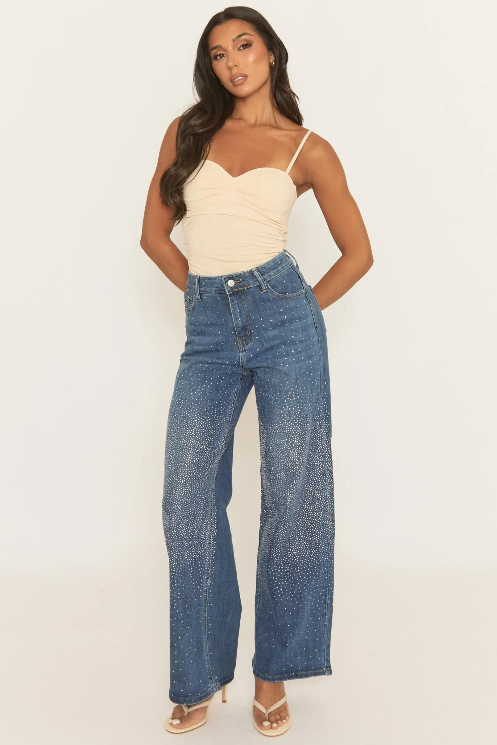 Mid Blue Diamante Stretch Denim Wide Leg Jeans - Nuala sold by Rebellious Fashion