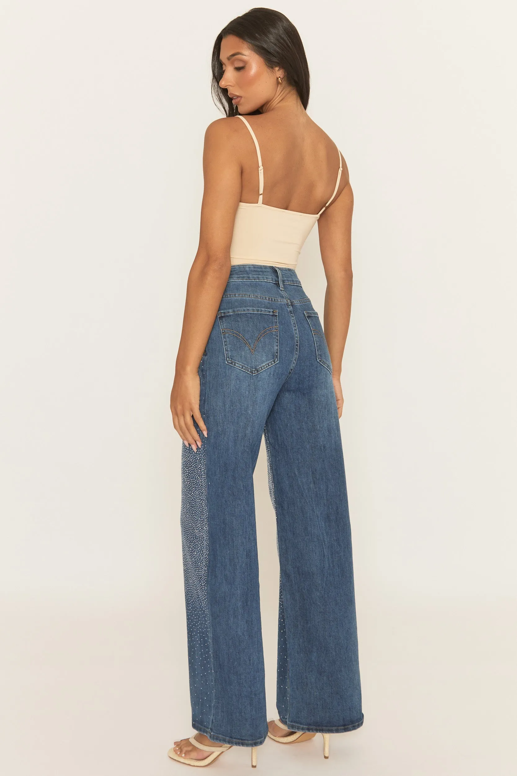 Mid Blue Diamante Stretch Denim Wide Leg Jeans - Nuala sold by Rebellious Fashion product image thumbnail 4