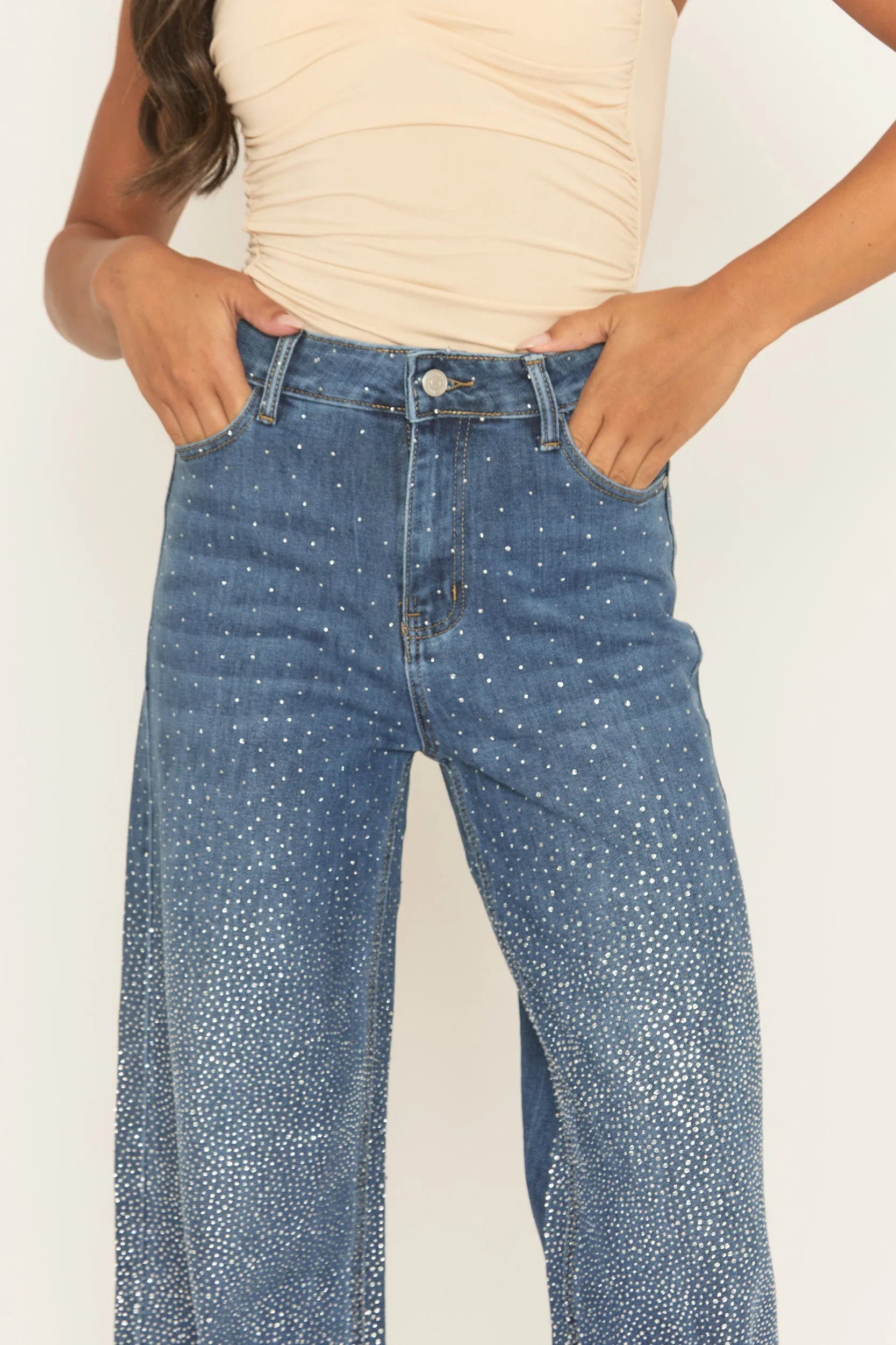 Mid Blue Diamante Stretch Denim Wide Leg Jeans - Nuala sold by Rebellious Fashion product image thumbnail 3