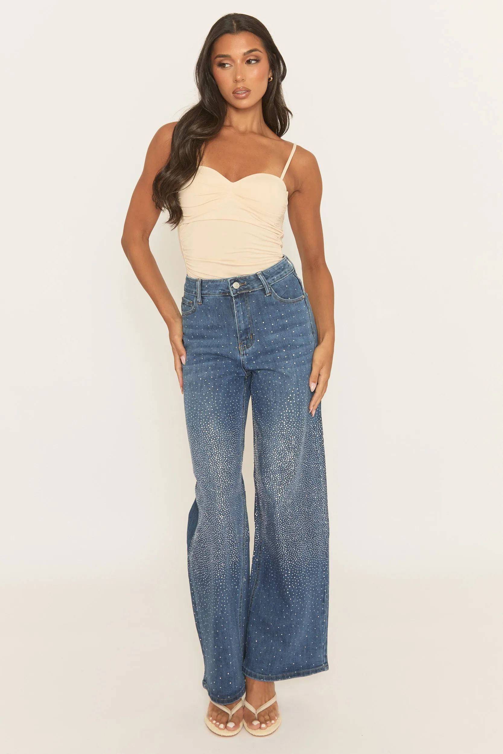 Mid Blue Diamante Stretch Denim Wide Leg Jeans - Nuala sold by Rebellious Fashion product image thumbnail 2