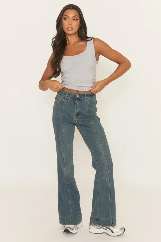 Mid Blue Seam Detail Flare Denim Jeans - Aoife sold by Rebellious Fashion