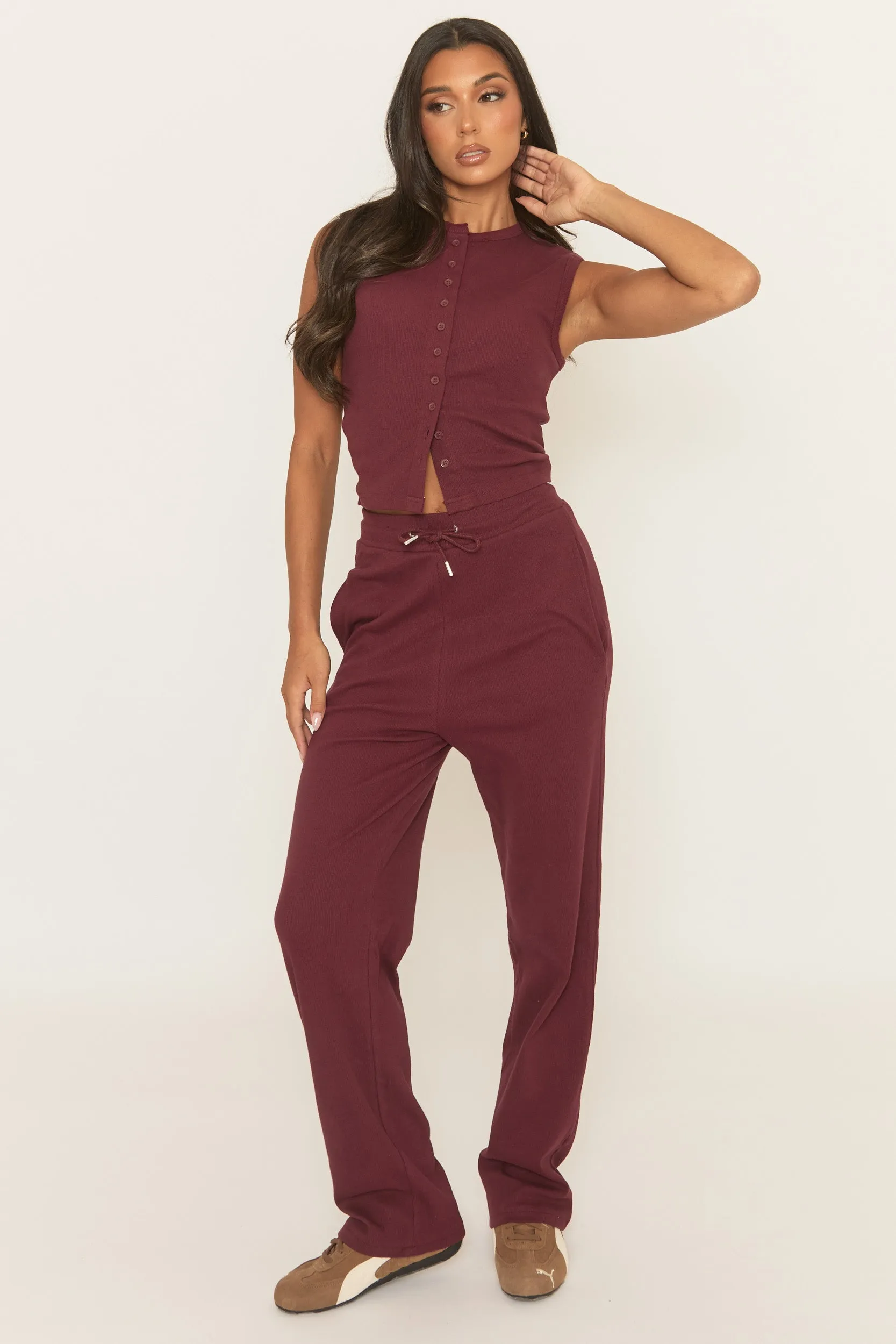 Wine Button Front Top and Wide Leg Trouser Co-ord Set - Caitlen sold by Rebellious Fashion product image thumbnail 4