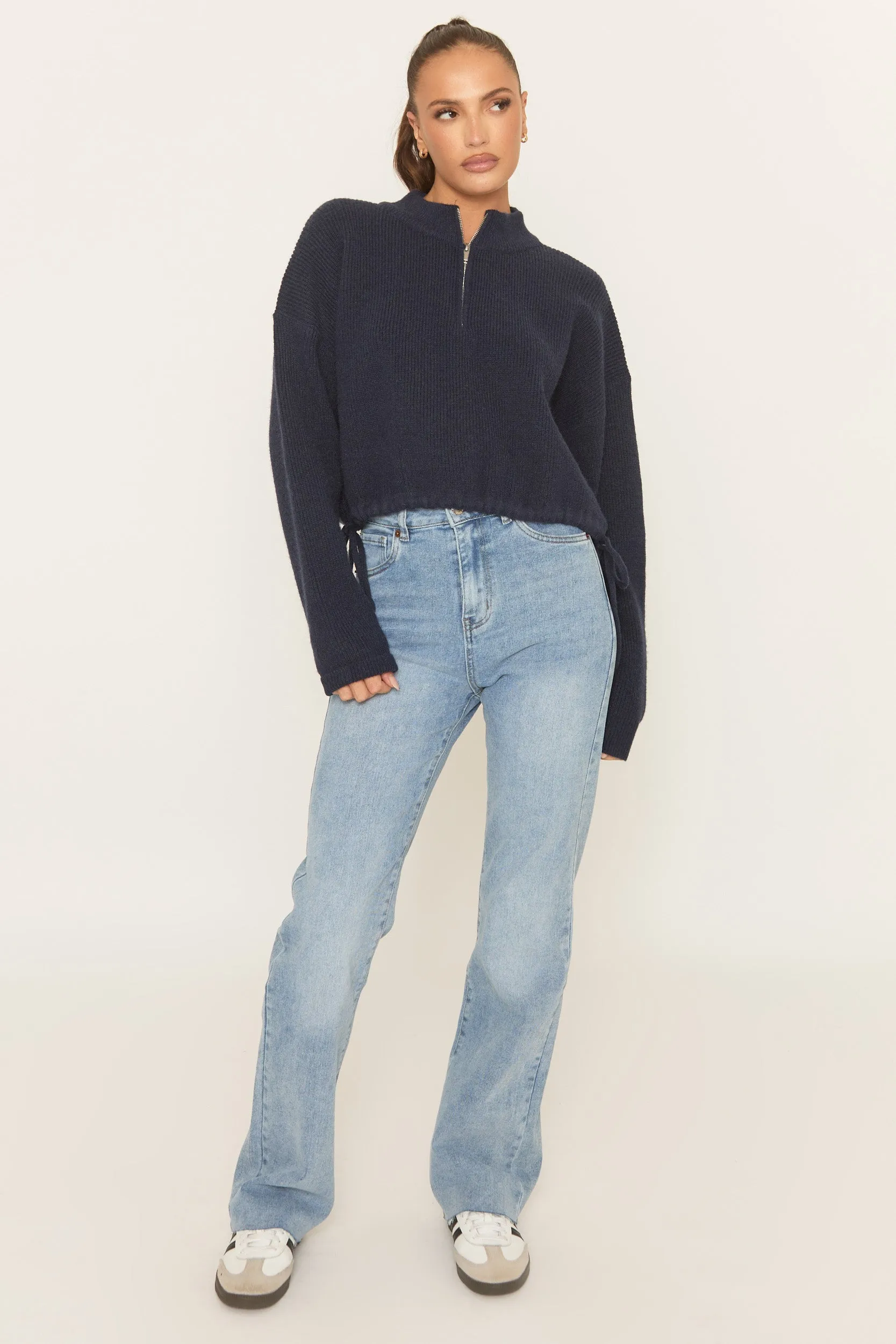 Navy Knitted Quarter Zip Sweater - Joey sold by Rebellious Fashion product image thumbnail 2