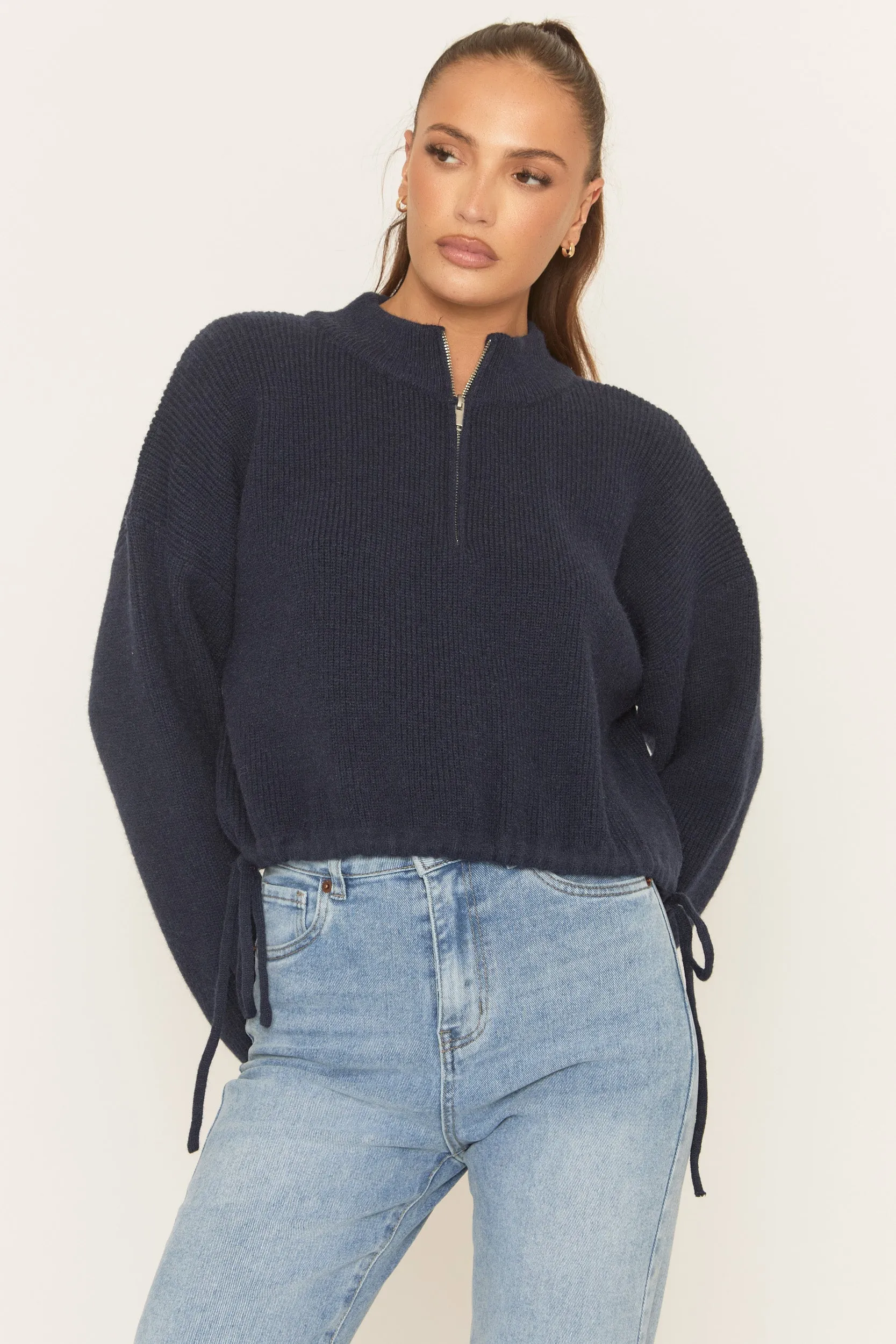 Navy Knitted Quarter Zip Sweater - Joey sold by Rebellious Fashion product image thumbnail 5