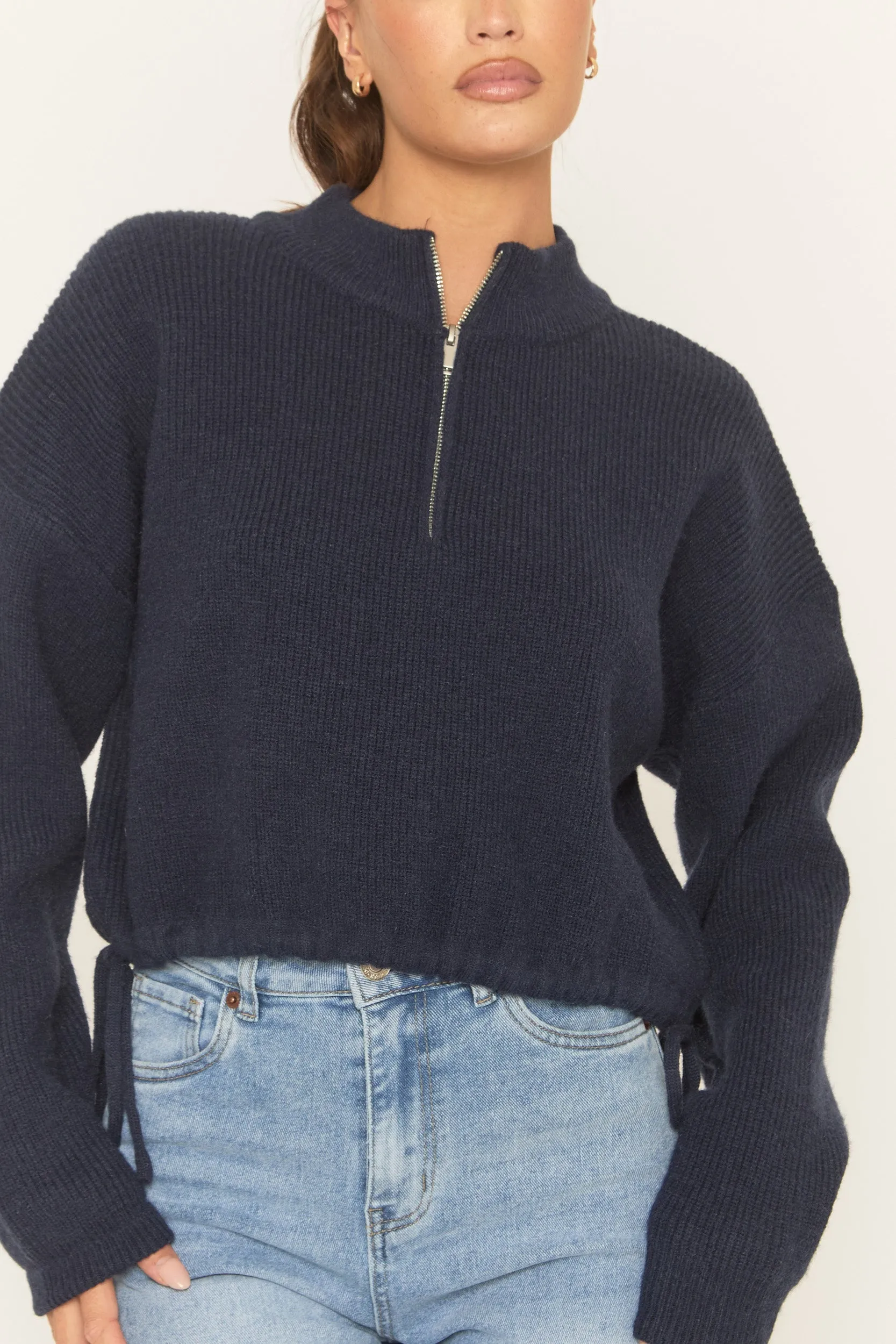 Navy Knitted Quarter Zip Sweater - Joey sold by Rebellious Fashion product image thumbnail 3