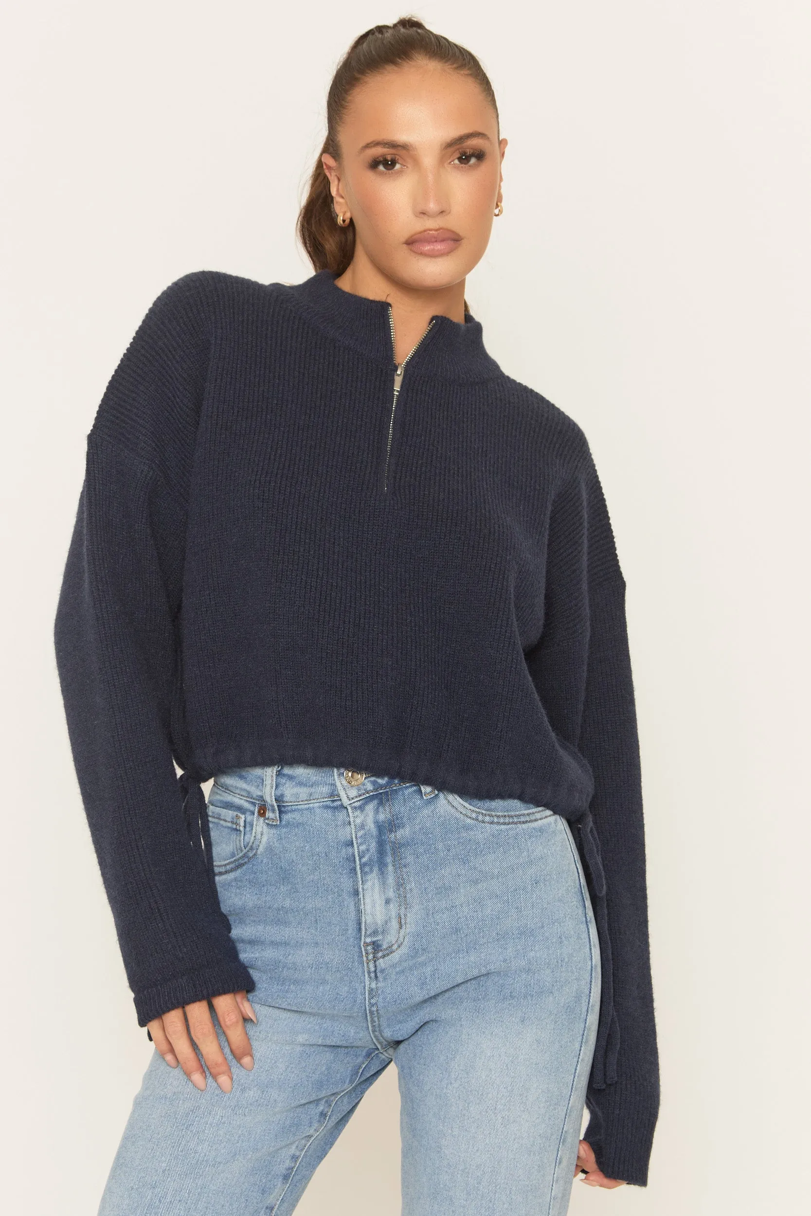 Navy Knitted Quarter Zip Sweater - Joey sold by Rebellious Fashion