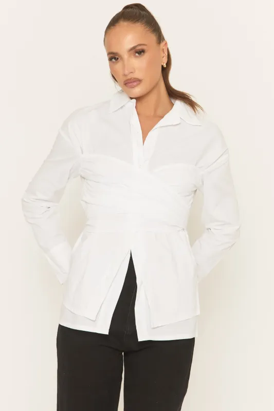 White Wrap Detail Long Sleeve Shirt - Rudy sold by Rebellious Fashion