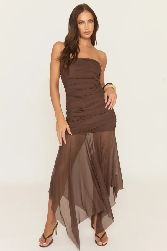 Chocolate Bandeau Asymmetric Waterfall Hem Mesh Maxi Dress - Liane sold by Rebellious Fashion