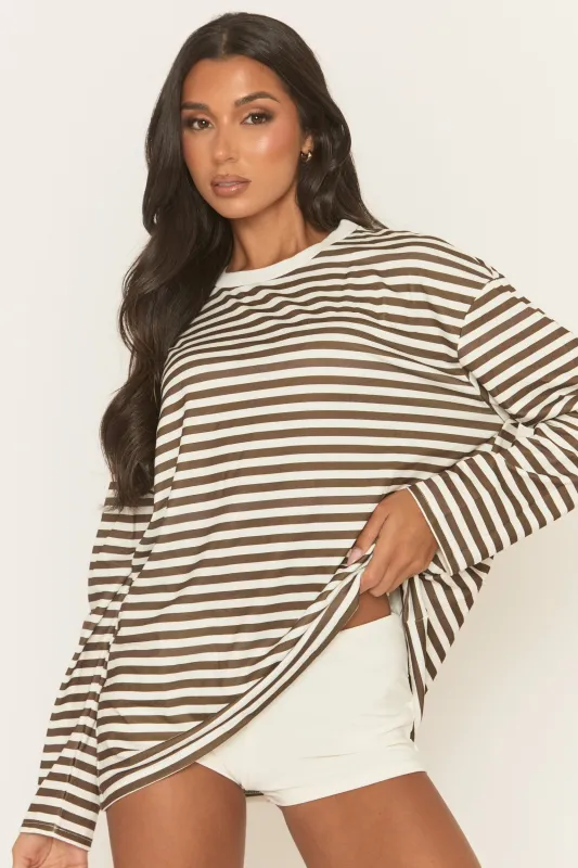 Brown Stripe Long Sleeve Crew Neck Top - Sabira sold by Rebellious Fashion