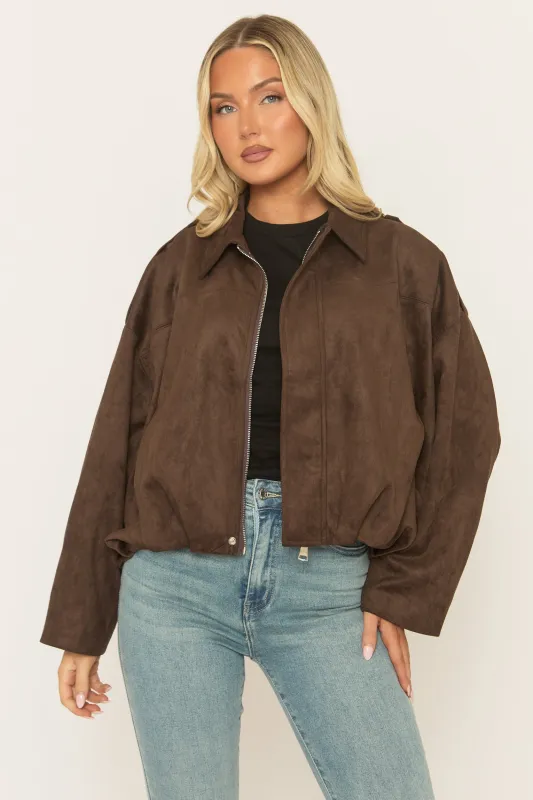 Chocolate Brown Suede Bomber Jacket - Imane sold by Rebellious Fashion