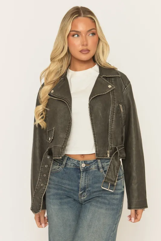 Black Vintage Washed PU Cropped Biker Jacket - Josia sold by Rebellious Fashion