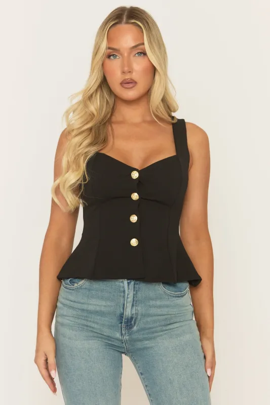Black Button Detail Peplum Hem Tailored Top - Kassia sold by Rebellious Fashion