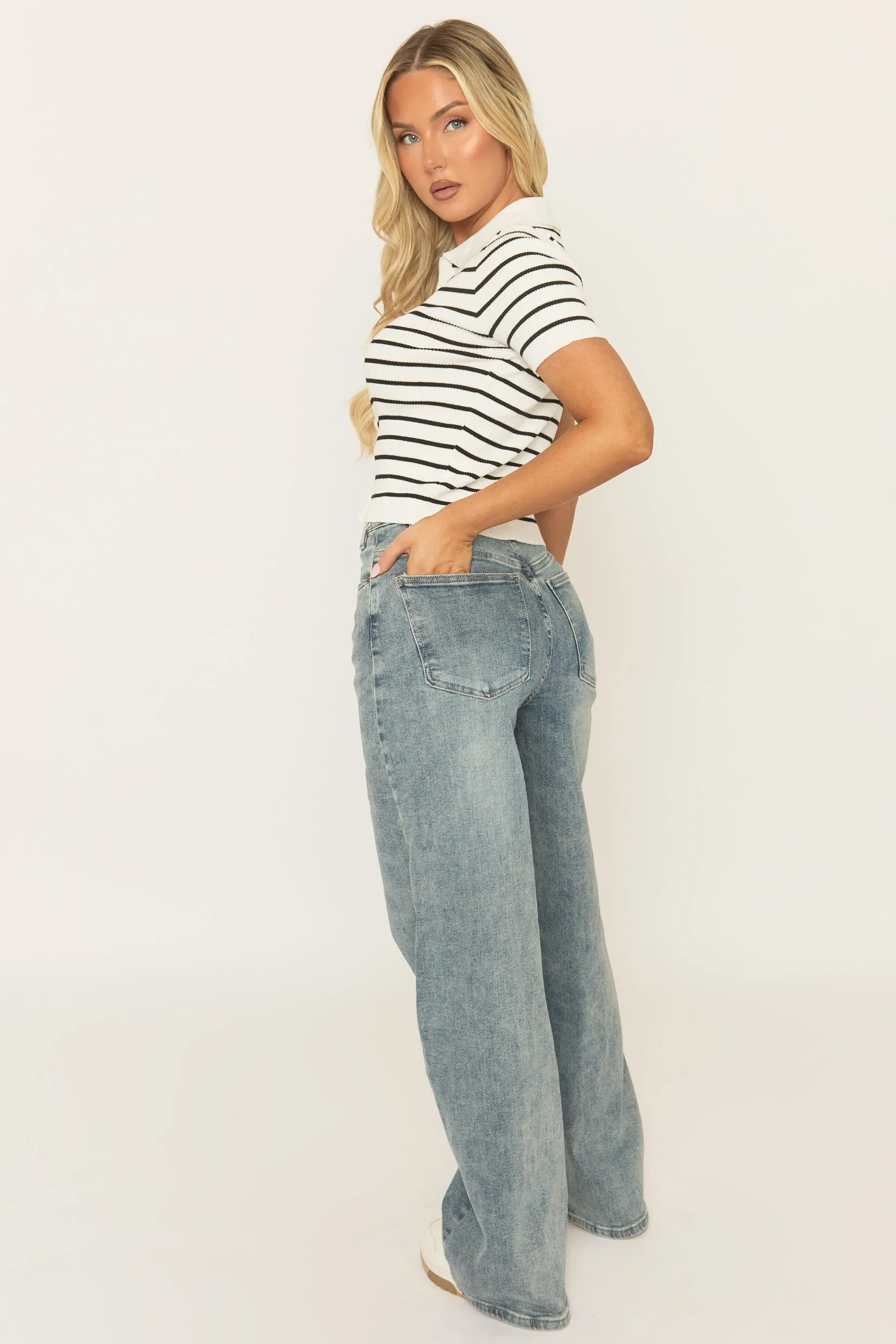 Washed Blue Asymmetric Waist Wide Leg Denim Jeans - Elka sold by Rebellious Fashion product image thumbnail 4
