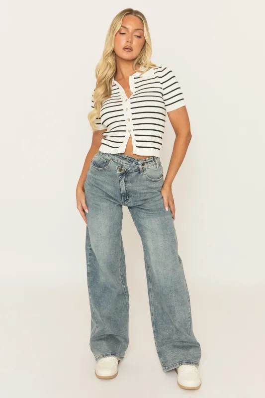 Washed Blue Asymmetric Waist Wide Leg Denim Jeans - Elka sold by Rebellious Fashion