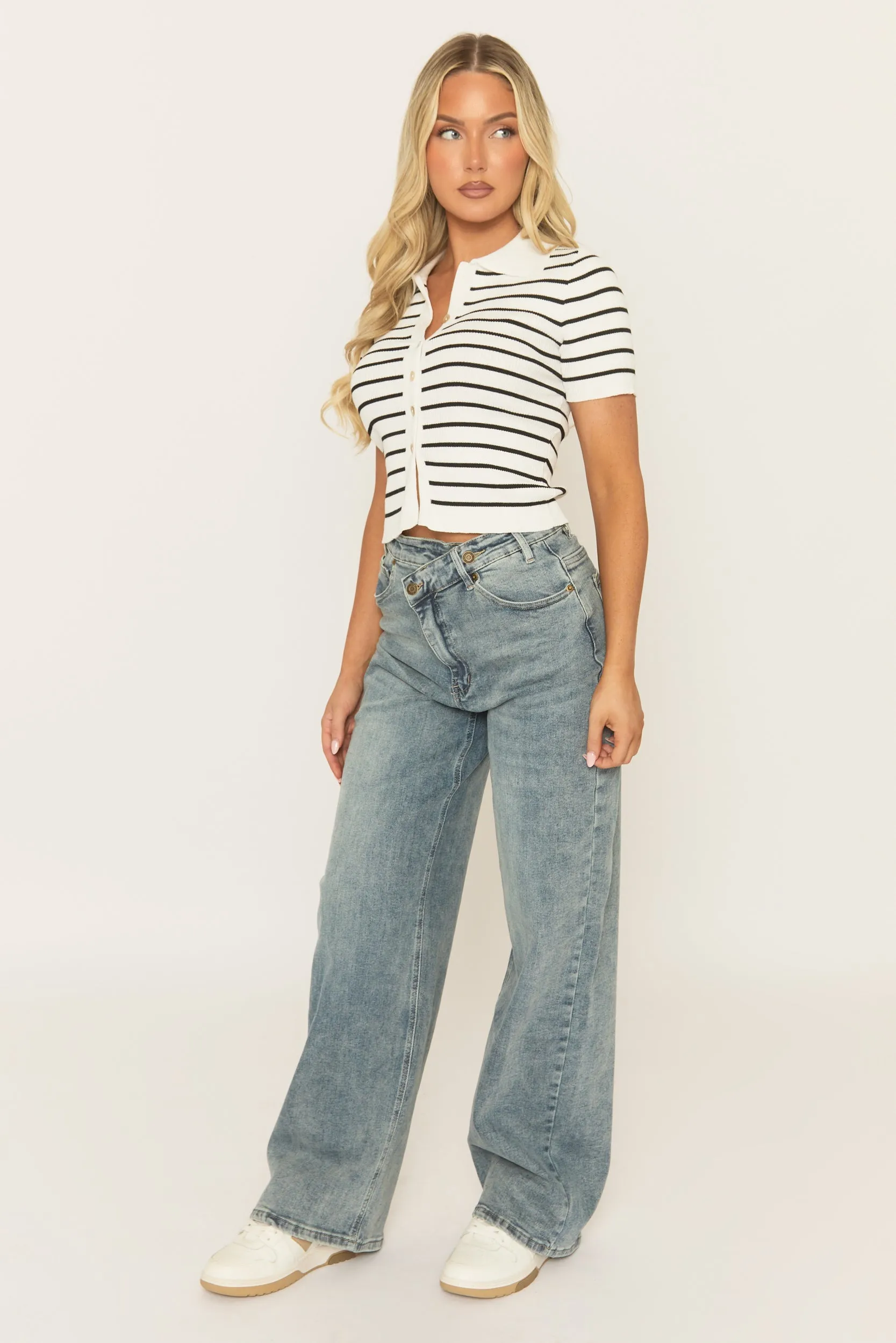 Washed Blue Asymmetric Waist Wide Leg Denim Jeans - Elka sold by Rebellious Fashion product image thumbnail 5