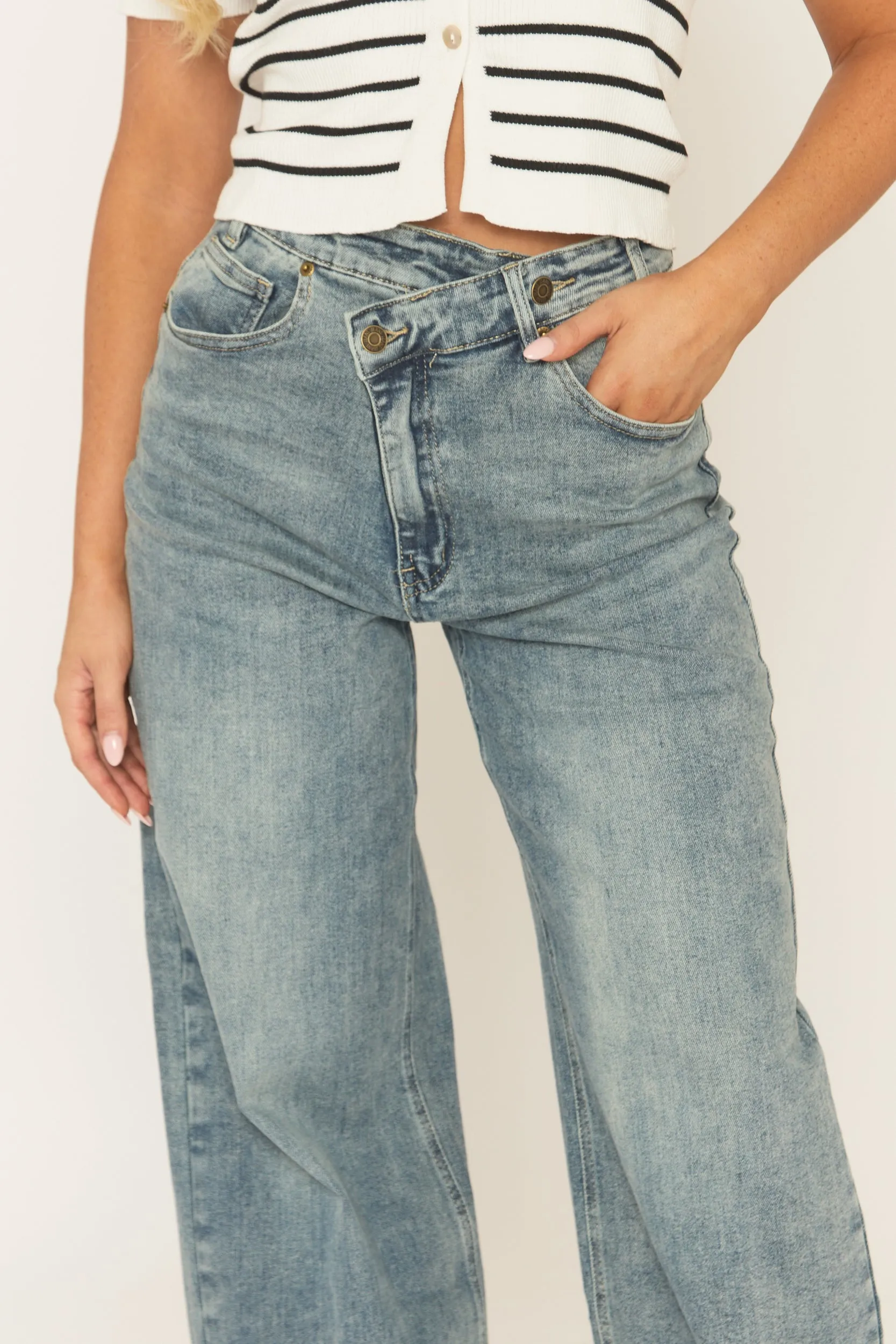 Washed Blue Asymmetric Waist Wide Leg Denim Jeans - Elka sold by Rebellious Fashion product image thumbnail 3
