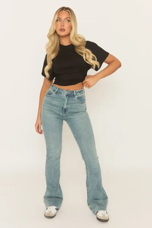 Washed Blue Stretch Denim Flare Jeans - Ronia sold by Rebellious Fashion