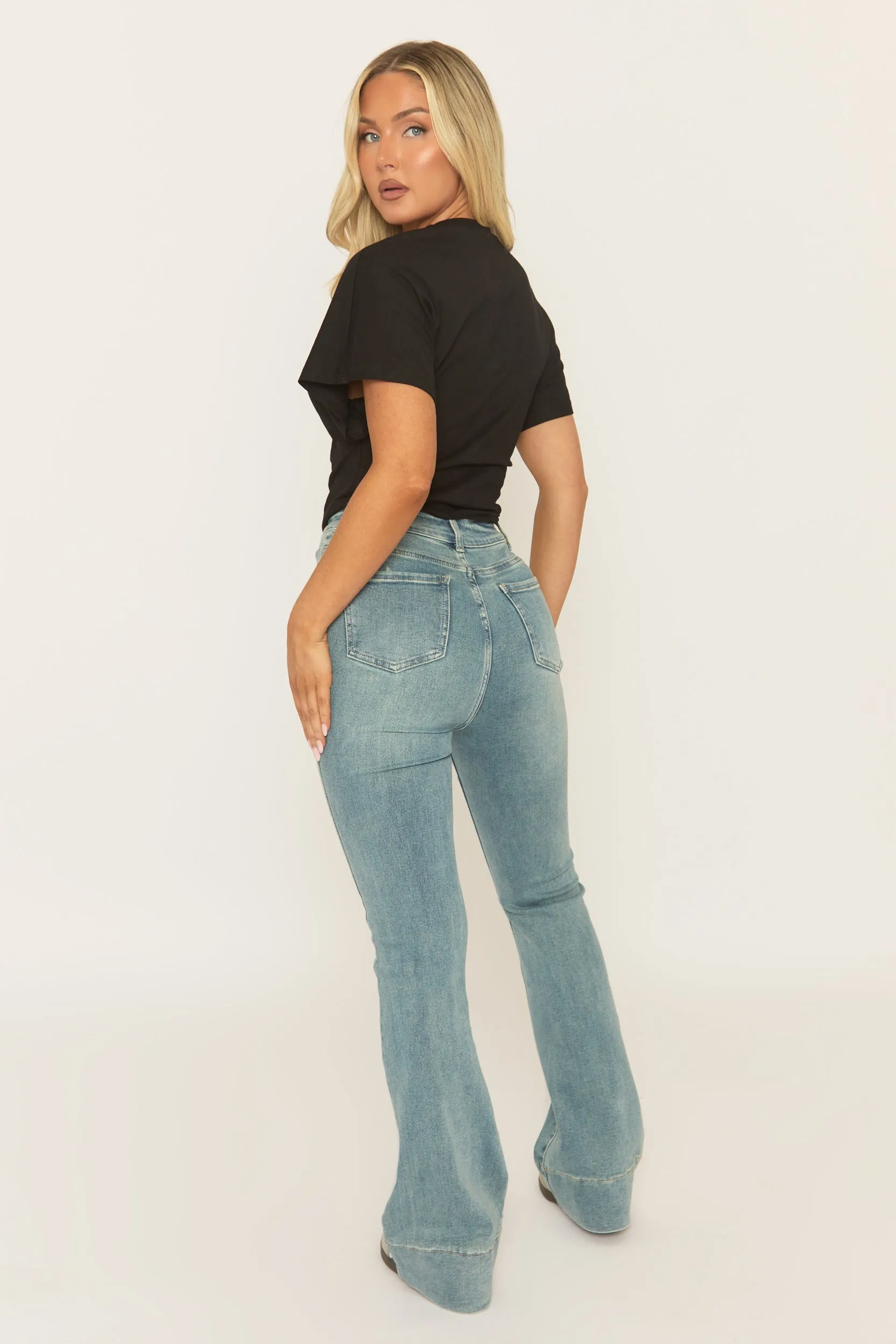 Washed Blue Stretch Denim Flare Jeans - Ronia sold by Rebellious Fashion product image thumbnail 4