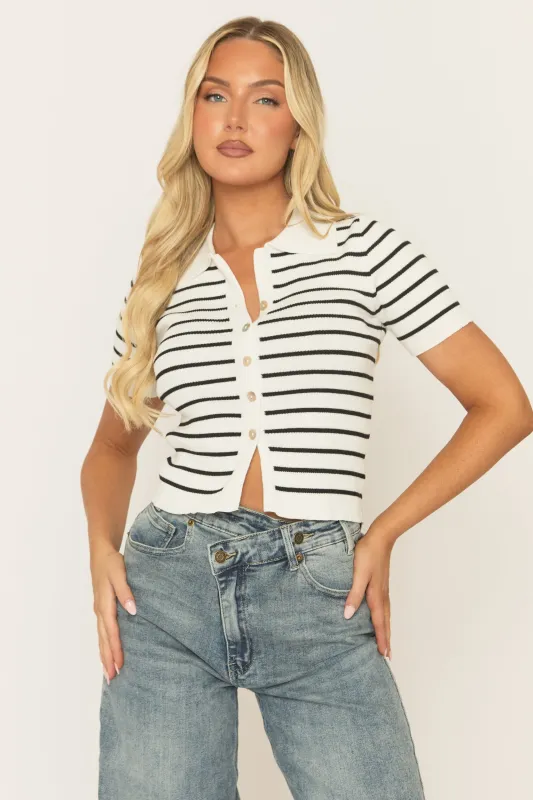 White Stripe Button Up Ribbed Top - Ashna sold by Rebellious Fashion