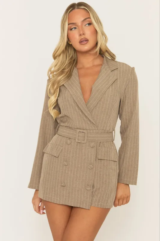 Mocha Tailored Pinstripe Blazer Playsuit - Lillan sold by Rebellious Fashion