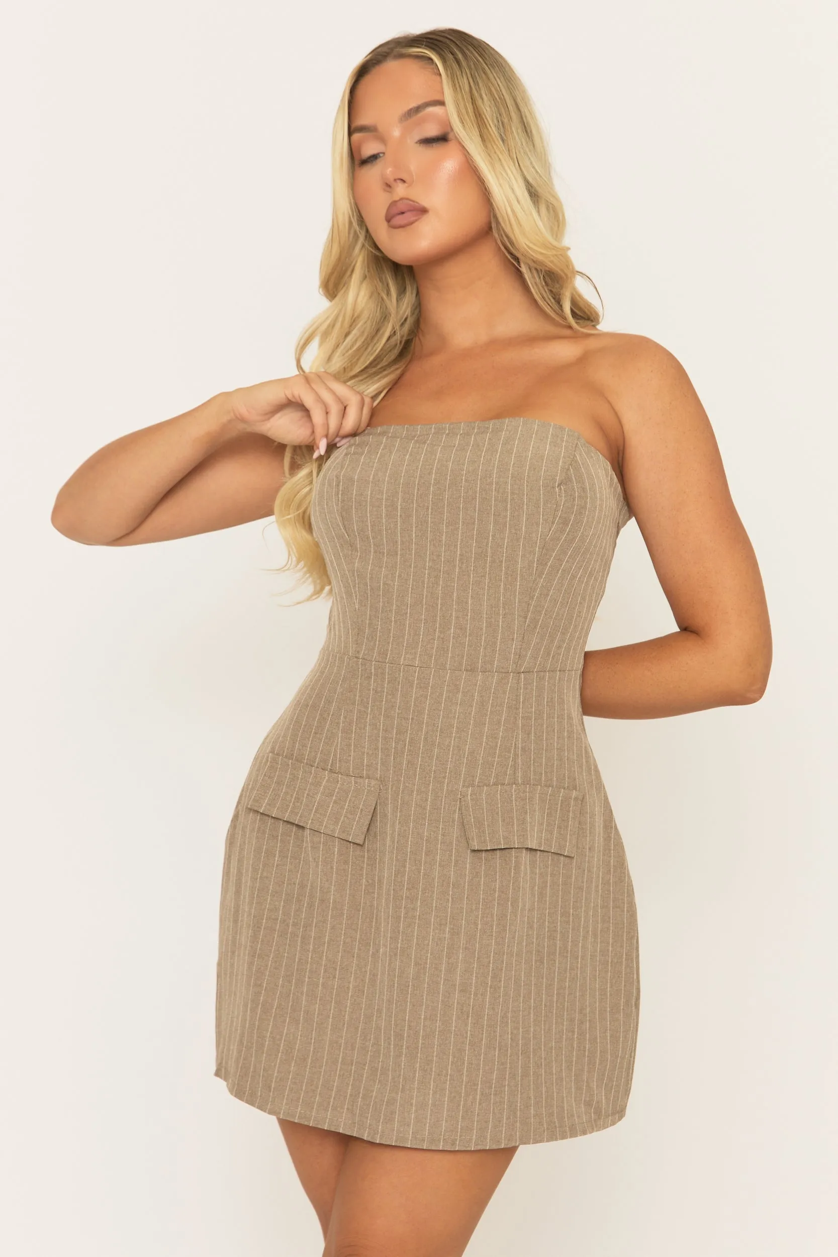 Mocha Pinstripe Tailored Bandeau Mini Dress - Kensa sold by Rebellious Fashion product image thumbnail 5