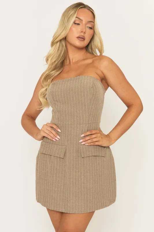 Mocha Pinstripe Tailored Bandeau Mini Dress - Kensa sold by Rebellious Fashion