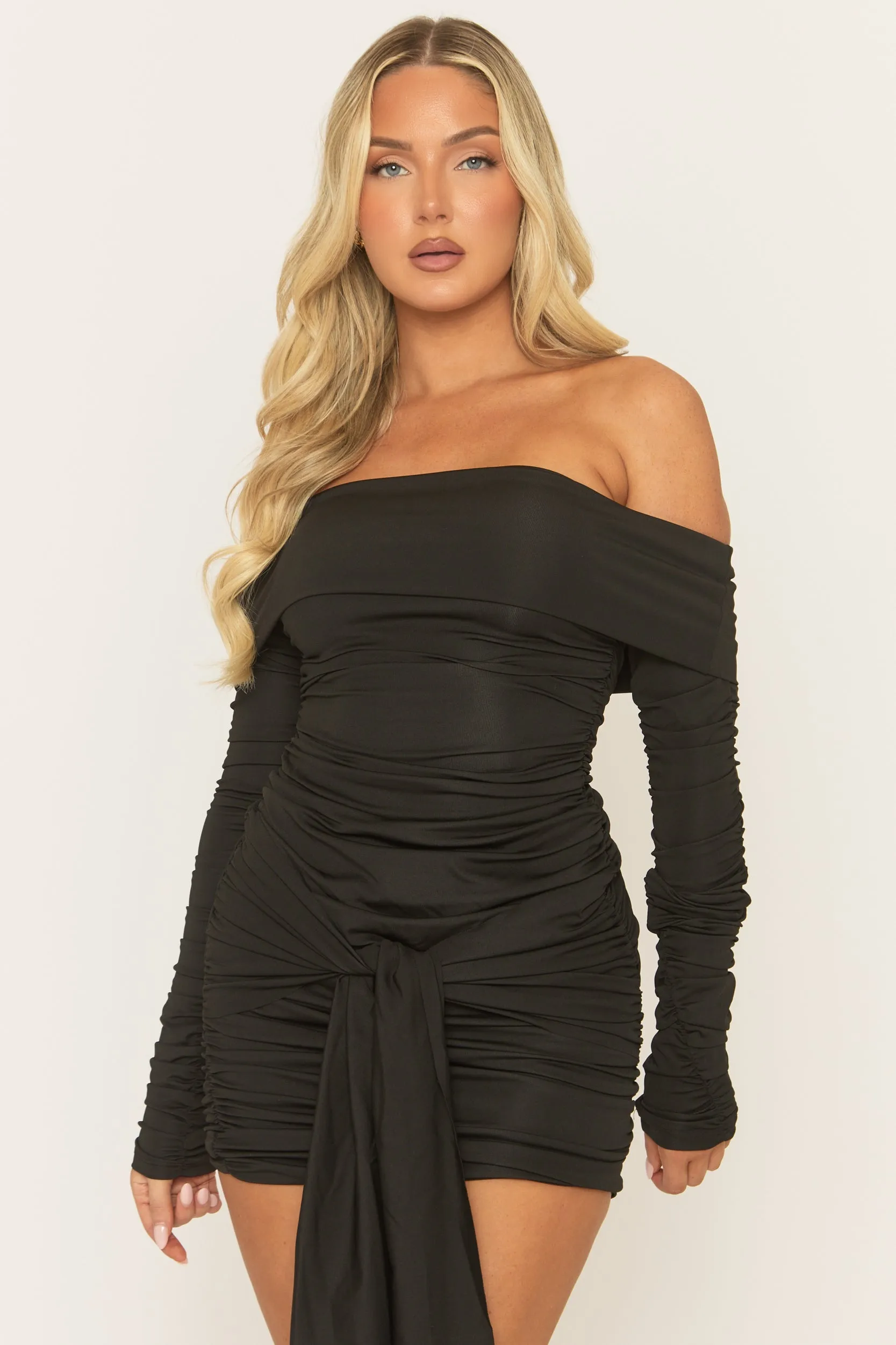 Black Bardot Tie Waist Mini Dress - Elarie sold by Rebellious Fashion product image thumbnail 2