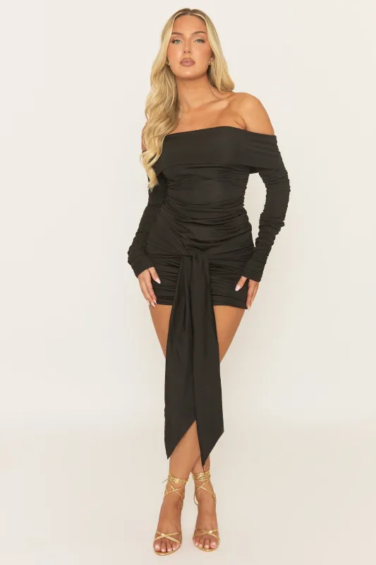 Black Bardot Tie Waist Mini Dress - Elarie sold by Rebellious Fashion