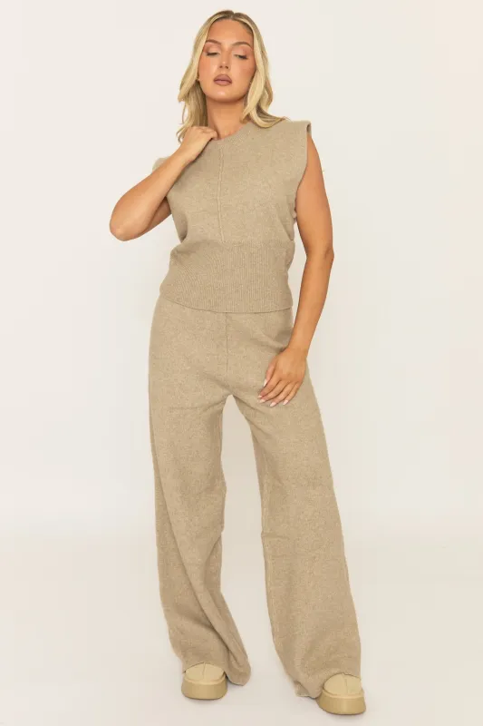 Beige Knitted Vest and Trouser Loungewear Set - Aziel sold by Rebellious Fashion