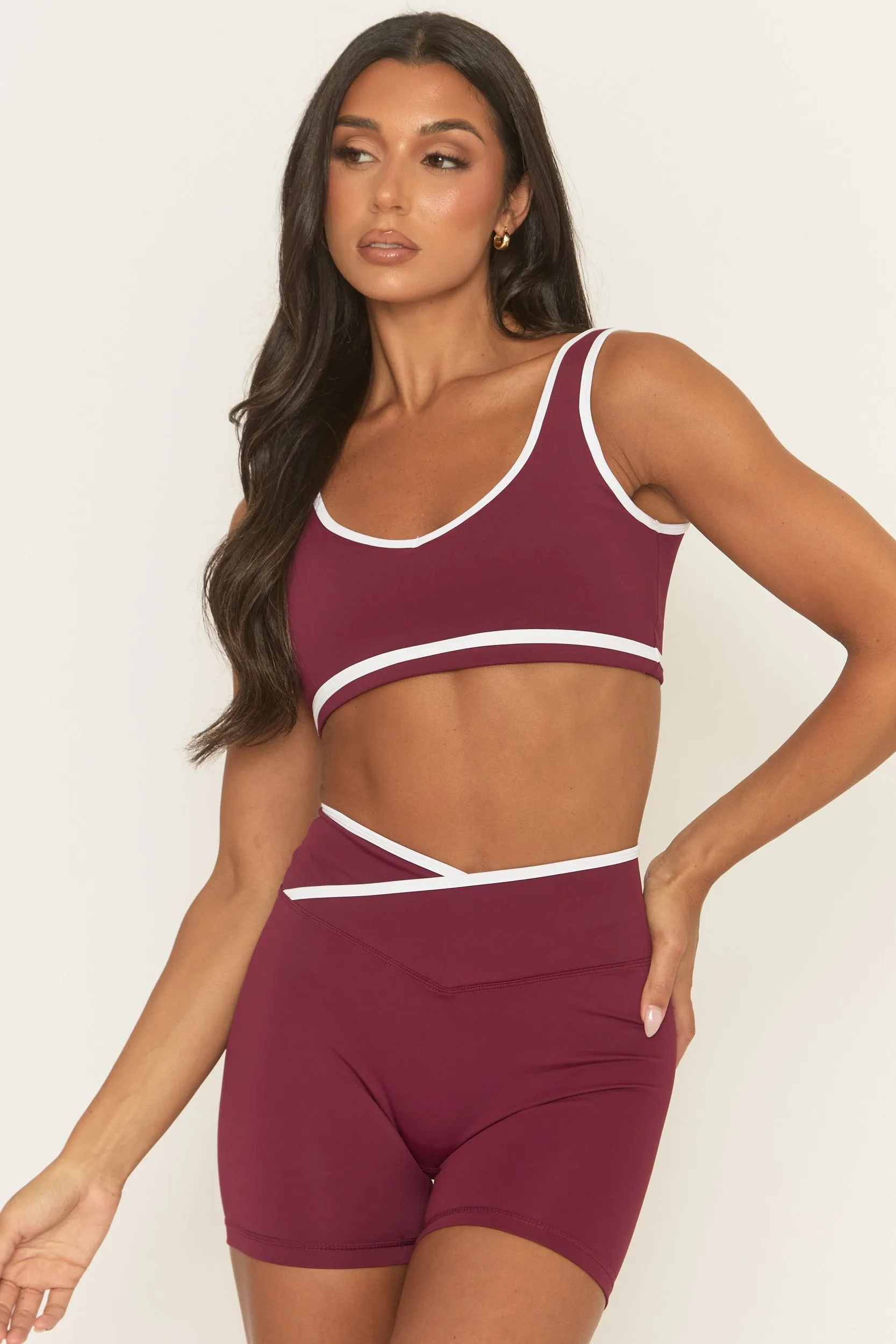 Wine Contrast Piping Sports Bra and Cycling Short Activewear Set - Shauny sold by Rebellious Fashion product image thumbnail 4
