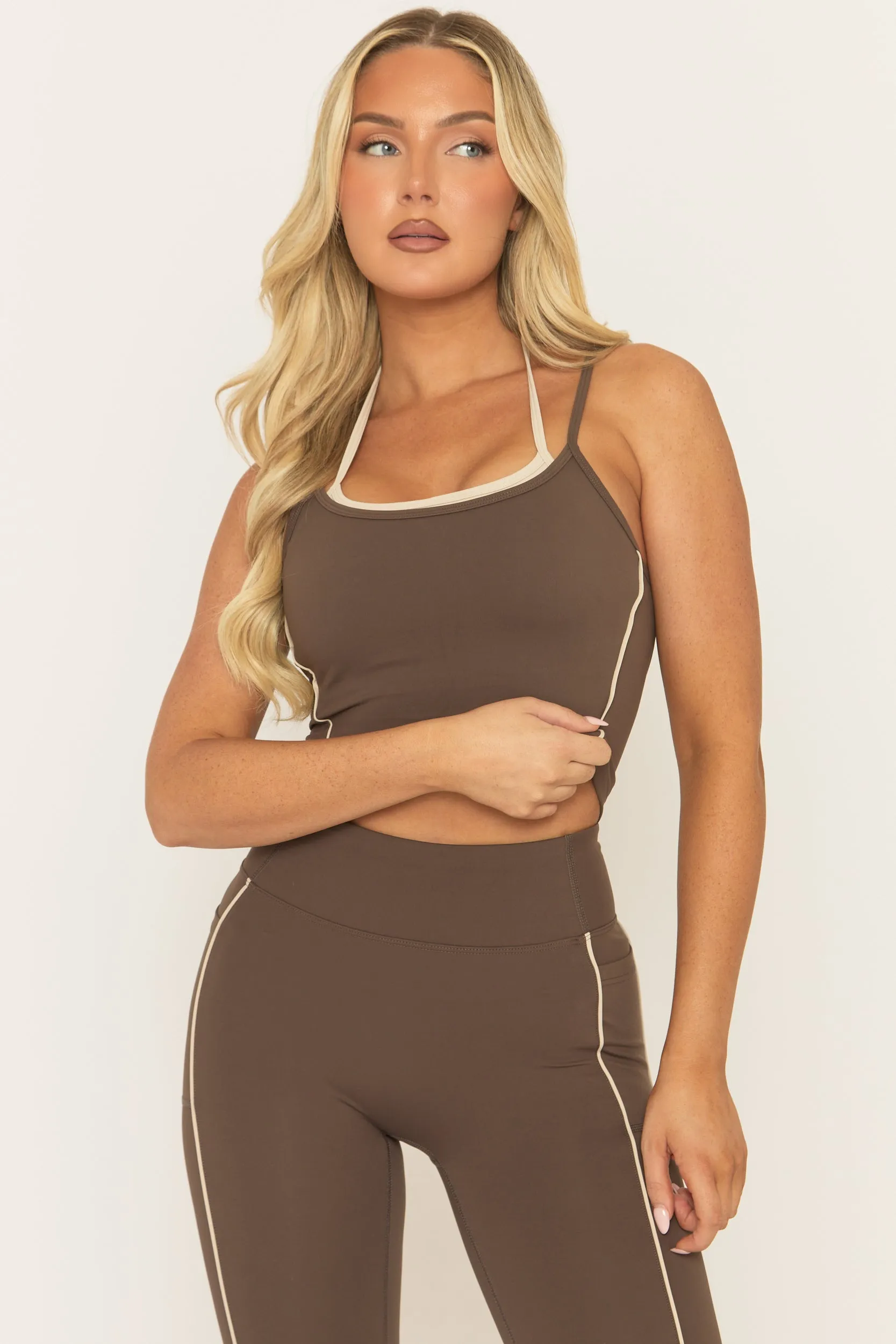 Chocolate Contrast Piping Sports Bra And Legging Activewear Set - Shardy sold by Rebellious Fashion product image thumbnail 4