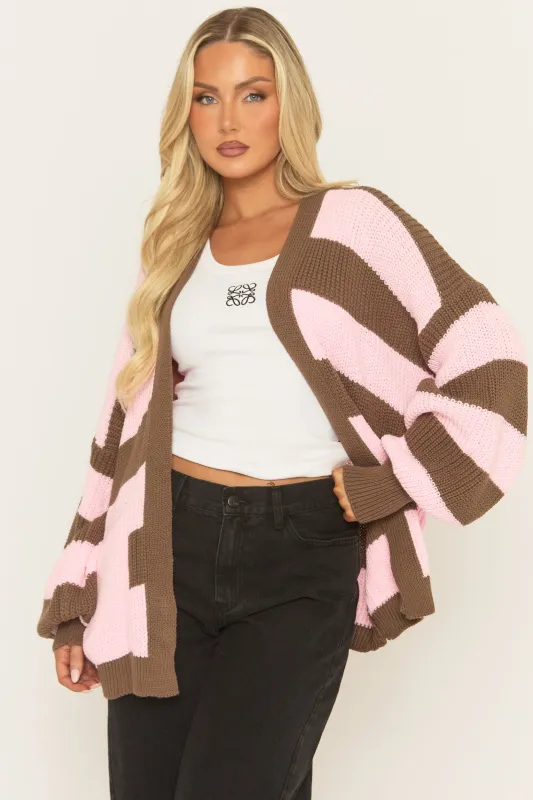 Pink Stripe Balloon Sleeve Knit Cardigan - Elvia sold by Rebellious Fashion