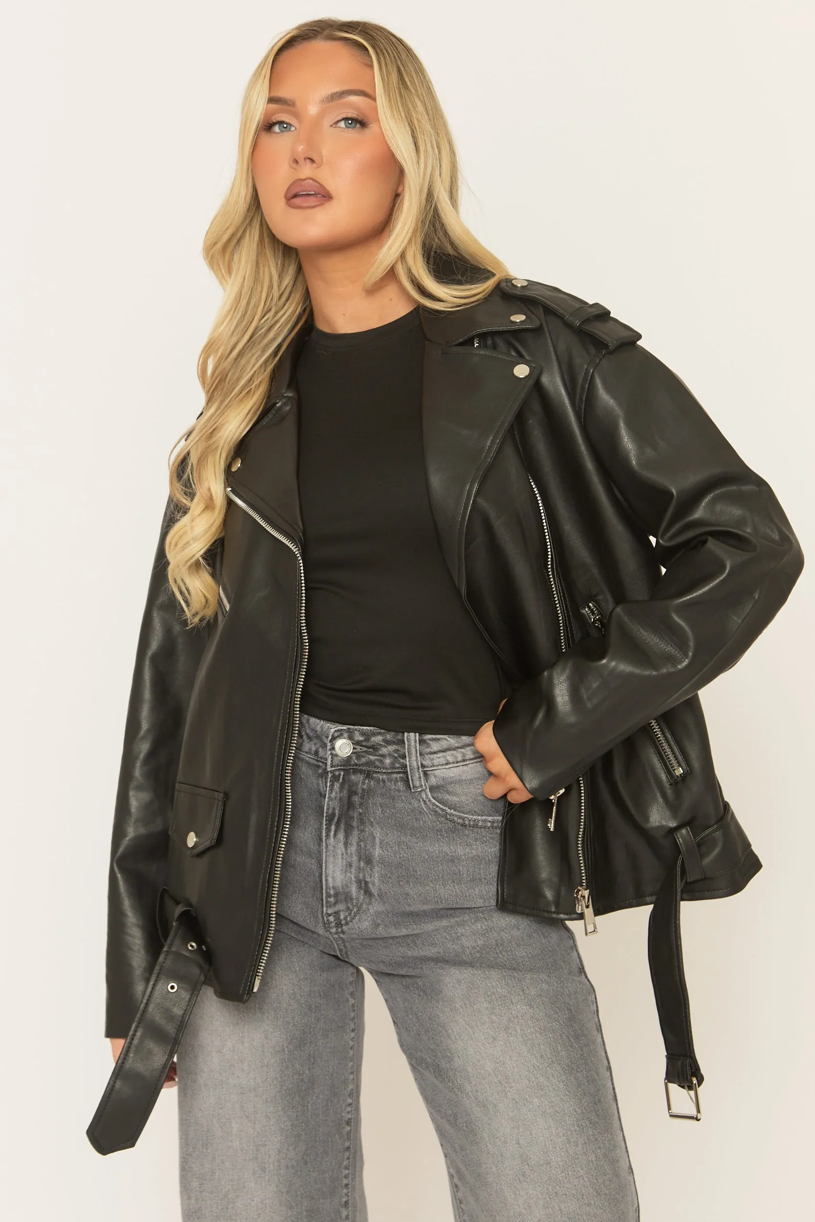 Black Oversized PU Biker Jacket - Marlowe sold by Rebellious Fashion