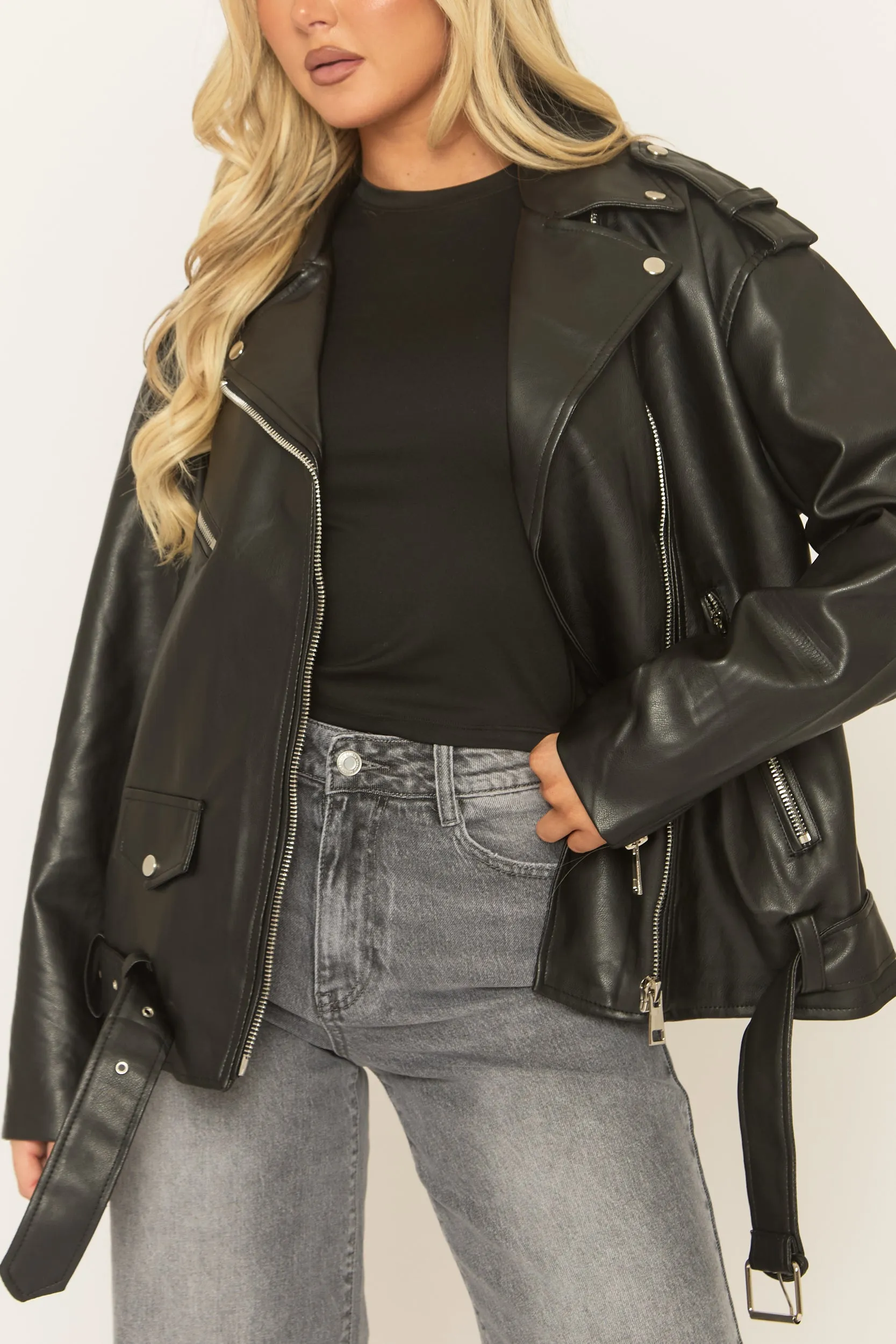 Black Oversized PU Biker Jacket - Marlowe sold by Rebellious Fashion product image thumbnail 3