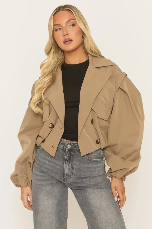Camel Double Breasted Cropped Trench Coat - Kienna sold by Rebellious Fashion