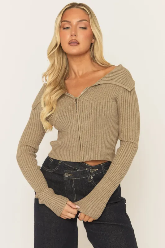 Taupe Rib Knit Collared Zip Through Cardigan - Saffia sold by Rebellious Fashion