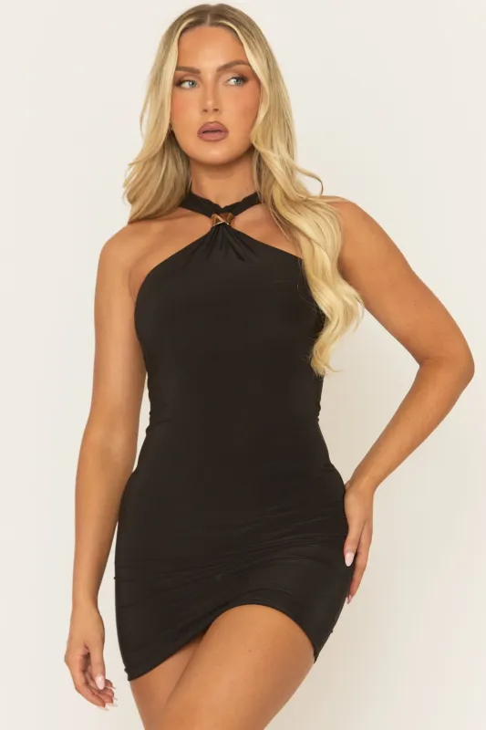 Black Trim Detail Halterneck Mini Dress - Gabbey sold by Rebellious Fashion