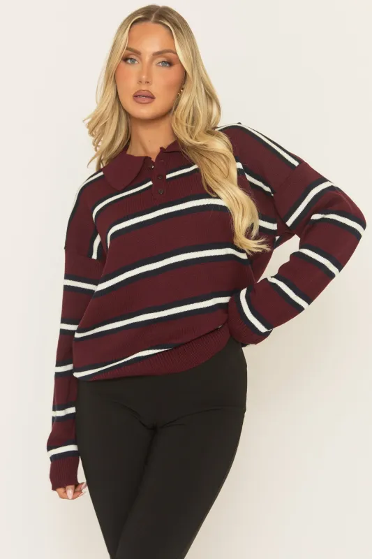 Wine Stripe Collared Knit Jumper - Arana sold by Rebellious Fashion