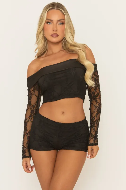 Black Lace Bardot Top and Micro Short Co-ord Set - Amiee sold by Rebellious Fashion