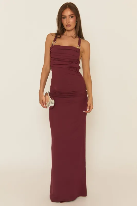 Wine Trim Detail Cowl Halterneck Maxi Dress - Arida sold by Rebellious Fashion