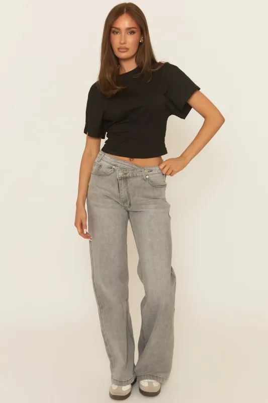 Grey Asymmetric Waist Wide Leg Denim Jeans - Freyon sold by Rebellious Fashion