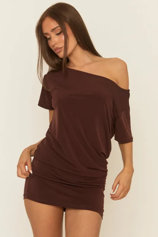 Chocolate One Shoulder Slouchy Mini Dress - Felix sold by Rebellious Fashion
