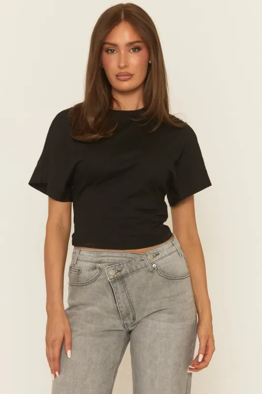 Black Short Sleeve Cinched Waist T-Shirt - Hilde sold by Rebellious Fashion