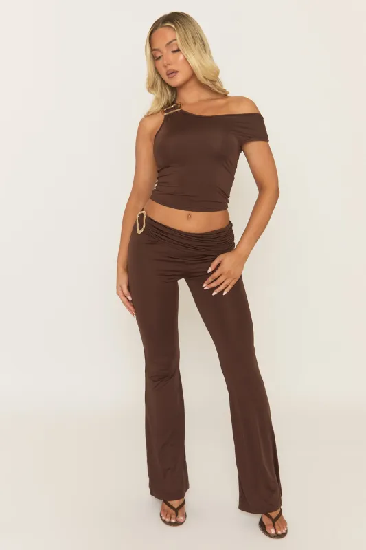 Chocolate Asymmetric Trim Detail Top and Trousers Co-Ord Set - Kanlea sold by Rebellious Fashion