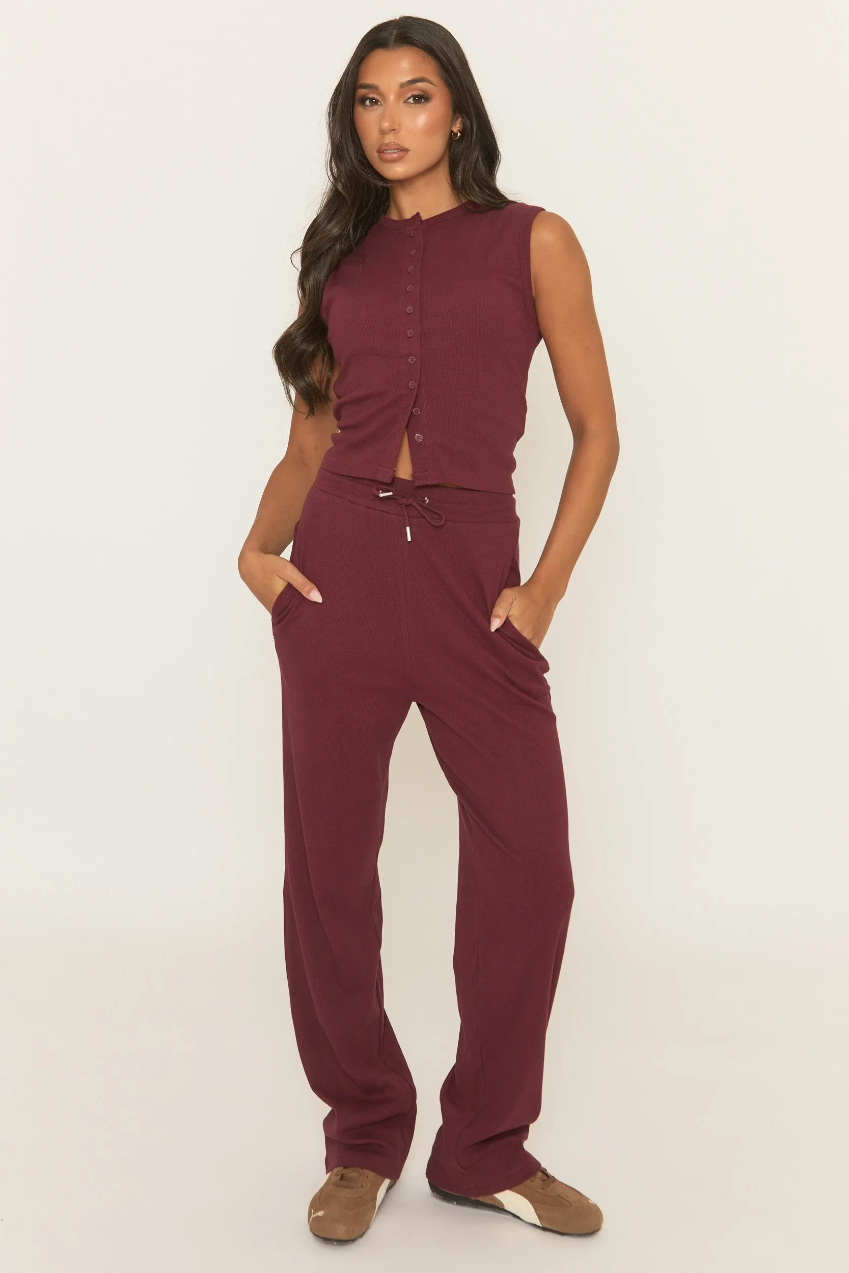 Wine Button Front Top and Trouser Loungewear Set - Caitlen sold by Rebellious Fashion
