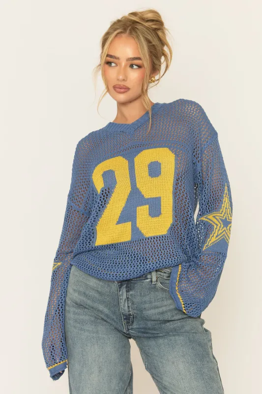Blue V Neck Varsity Knitted Top - Bryonie sold by Rebellious Fashion